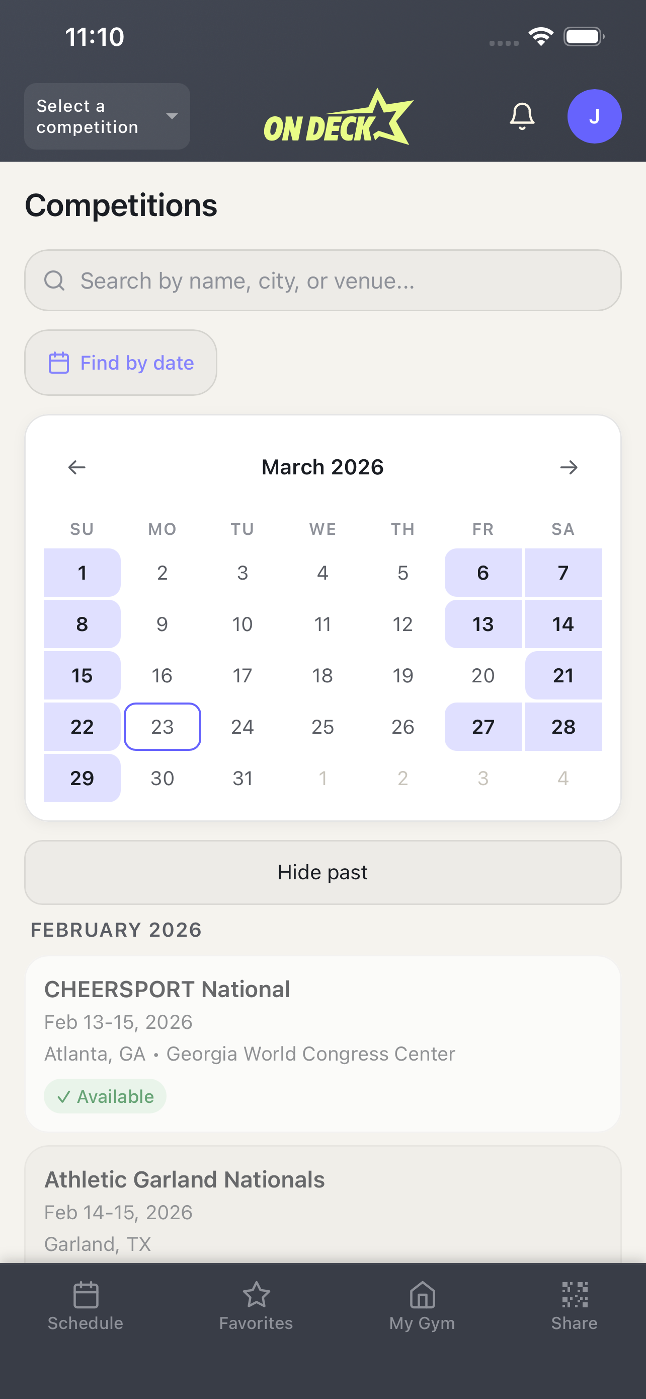 Competition picker with calendar and search