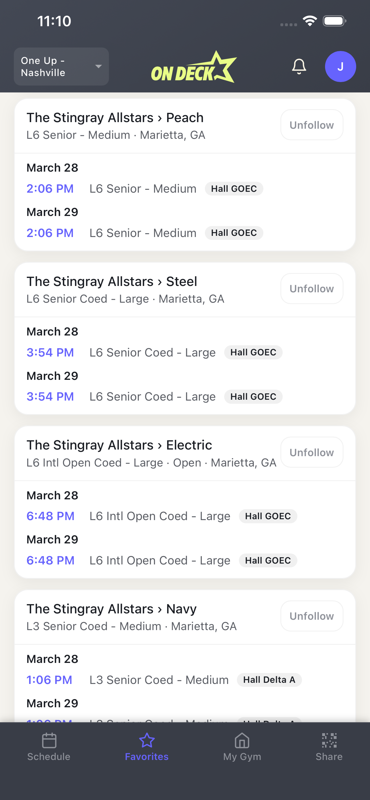 Favorites view showing followed teams across competitions