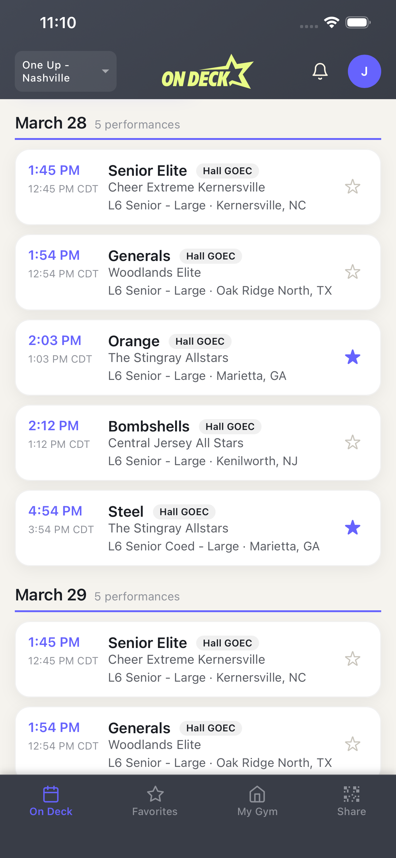 Schedule view with team times, halls, and divisions